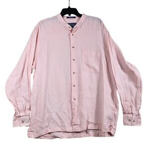 Paul Fredrick Linen Shirt Mens XL Pink Band Collar Long Sleeve Casual Minimalist